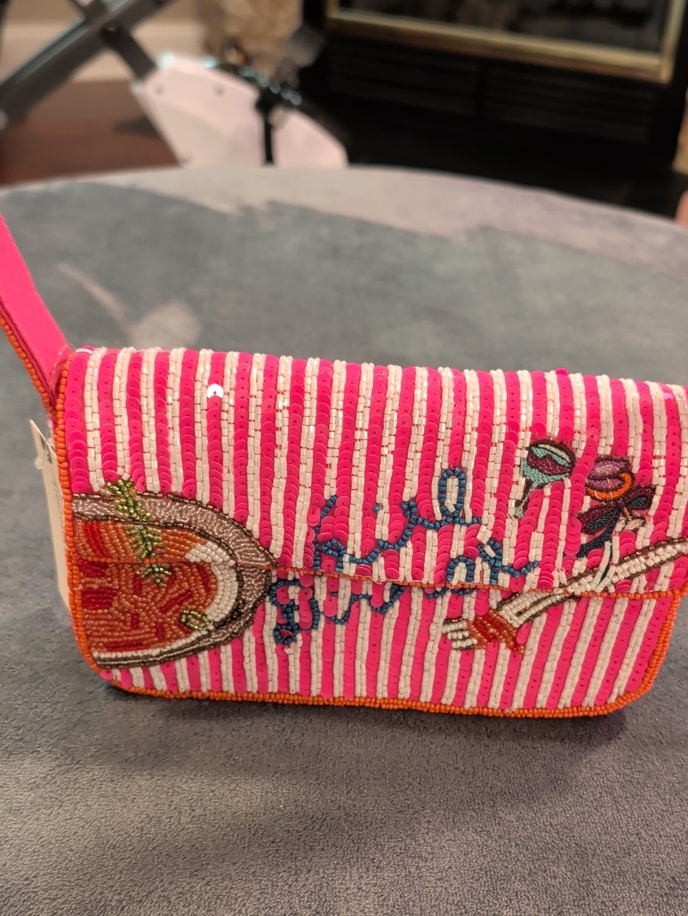 Pink Striped Beaded Shoulder Bag - Designer Style